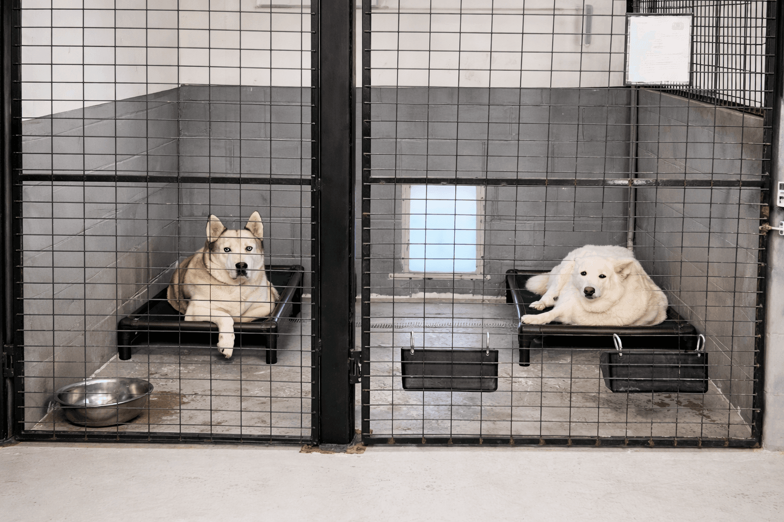A husky and a white dog rest on raised beds inside separate metal kennel cages.