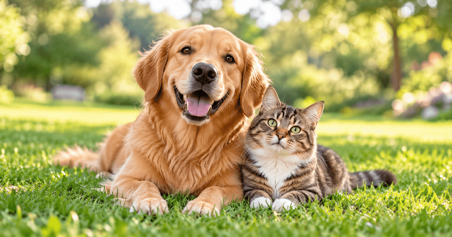 Happy Golden Retriever and fluffy tabby cat lying together on green grass in the sun.