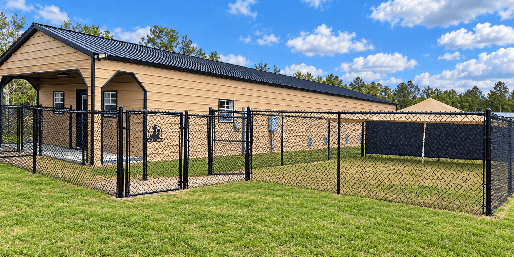 Tan metal building with black chain-link fencing and a grassy yard under blue skies.